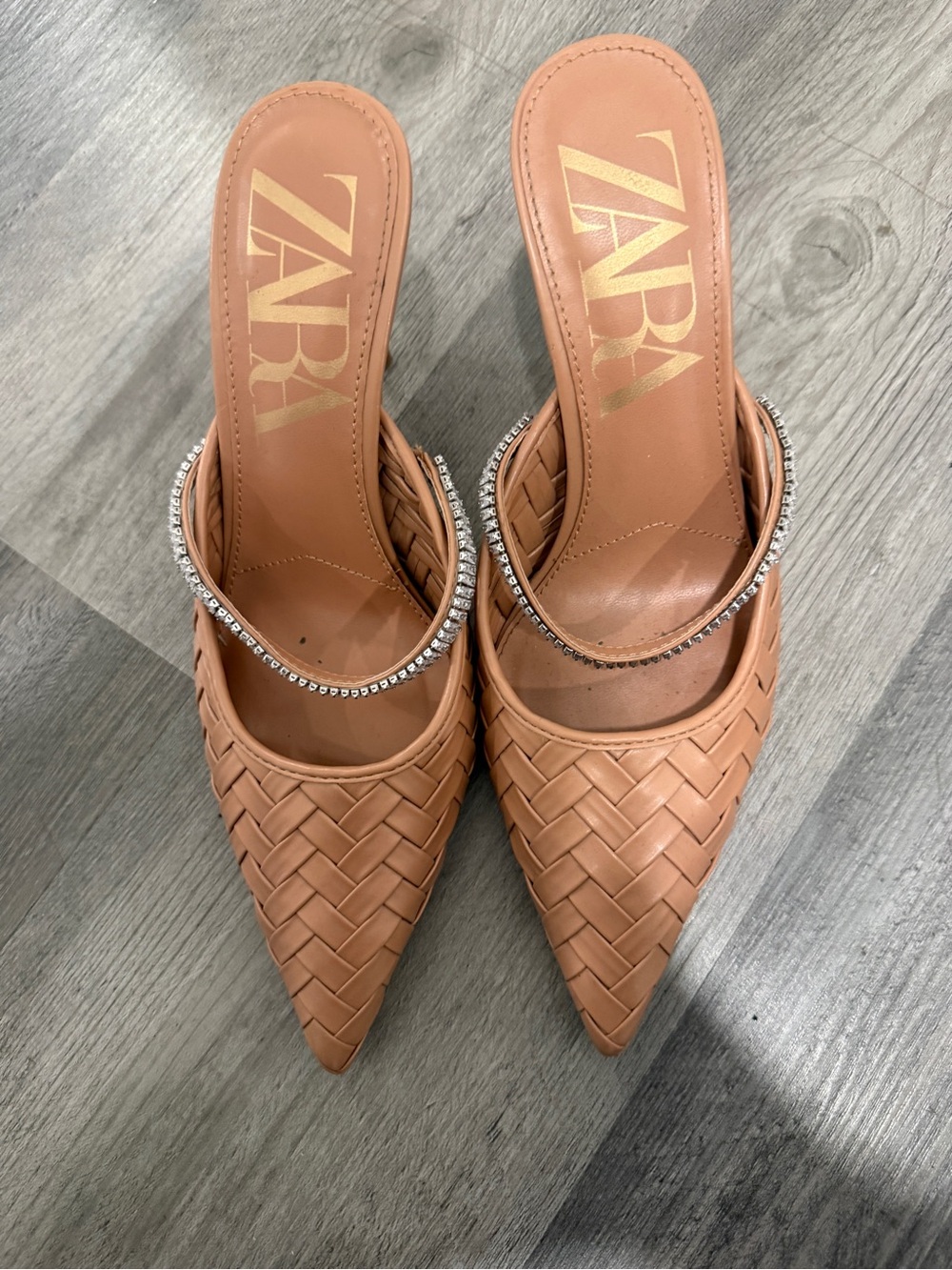 ZARA Tan Woven Pointed Mule with Rhinestone Strap